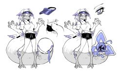 Rule 34 | 1girl, absurdres, bare shoulders, bird legs, character sheet, claws, digitigrade, dolphin shorts, fewer digits, full body, grin, hair over eyes, head wings, highres, karasu raven, large tail, monochrome, monster girl, navel, original, pointy ears, sharp teeth, shirt, short shorts, shorts, sidelocks, slit pupils, smile, solo, spot color, standing, tail, tail mouth, teeth, tied shirt, tsurime, visor cap, wings