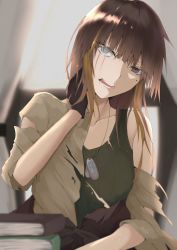 Rule 34 | 1girl, absurdres, black gloves, blush, book, breasts, brown eyes, brown hair, cleavage, commentary request, dog tags, dress shirt, farena, girls&#039; frontline, gloves, green tank top, grey eyes, hand on own neck, heterochromia, highres, indoors, long hair, m16a1 (girls&#039; frontline), messy hair, mole, mole under eye, off shoulder, open mouth, scar, scar across eye, scar on face, shirt, smile, solo, tank top, torn clothes, torn shirt, upper body