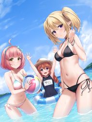 Rule 34 | 3girls, :q, absurdres, armpit crease, armpits, arms up, ball, bangle, bare arms, bare shoulders, beachball, bead bracelet, beads, bikini, black bikini, black choker, blonde hair, bow, bracelet, braid, breasts, chieru (princess connect!), chloe (princess connect!), choker, cleavage, closed mouth, covered navel, day, dutch angle, gradient bikini, hair bow, halterneck, hand up, hat, highleg, highleg bikini, highres, jewelry, large breasts, long hair, looking at viewer, medium breasts, multi-strapped bikini, multiple girls, navel, one-piece swimsuit, open mouth, orange hair, outdoors, pink hair, pointy ears, princess connect!, purple eyes, rama (yu-light8), school swimsuit, side-tie bikini bottom, smile, standing, stomach, straw hat, string bikini, swimsuit, thighs, tongue, tongue out, twin braids, twintails, wading, water, wet, white bikini, yellow eyes, yuni (princess connect!)