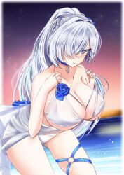 Rule 34 | 1girl, azur lane, bare shoulders, belt, bikini, blue choker, blue eyes, blue flower, blush, border, breasts, brennus (azur lane), brennus (musician on blade&#039;s precipice) (azur lane), choker, cleavage, collarbone, commentary request, flower, flower bikini, hair intakes, hair over one eye, hands on own chest, high ponytail, huge breasts, looking at viewer, official alternate costume, outside border, parted lips, sky, solo, star (sky), starry sky, sunset, swimsuit, tetsuhige, thigh belt, thigh strap, water, white bikini, white border, white hair