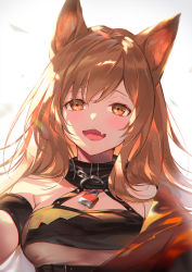Rule 34 | 1girl, :d, animal ears, arknights, arm strap, bare shoulders, blush, breasts, ceobe (arknights), ceobe (summer flowers) (arknights), chain, dog ears, fang, has otm, lock, long hair, looking at viewer, medium breasts, official alternate costume, open mouth, orange eyes, orange hair, padlock, simple background, skin fang, smile, solo, upper body, white background