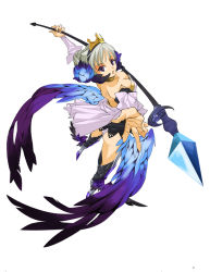 Rule 34 | 1girl, armor, armored dress, bad id, bad pixiv id, breasts, cleavage, crown, dress, feathers, gwendolyn (odin sphere), ikechi, kneepits, leg wings, low wings, medium breasts, multicolored wings, odin sphere, panties, polearm, solo, spear, strapless, strapless dress, underwear, weapon, white background, wings