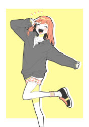 Rule 34 | 1girl, :d, black footwear, braid, closed eyes, commentary request, facing viewer, grey hoodie, hand up, hibino matsuri, highres, hood, hoodie, long hair, long sleeves, nail polish, open mouth, orange hair, oshiri (o4ritarou), outstretched arm, plaid, plaid shorts, pretty series, shirt, shoes, shorts, side braid, sleeves past wrists, smile, solo, standing, standing on one leg, w, w over eye, waccha primagi!, white shirt, yellow background, yellow nails