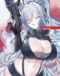 Rule 34 | 1girl, :o, absurdres, animal ear fluff, animal ears, arknights, bikini, black bikini, black scarf, bow (weapon), breasts, cat ears, cat girl, cleavage, commentary, crossbow, grey hair, half-closed eyes, highres, holding, holding crossbow, holding weapon, huge breasts, jacket, long hair, looking at viewer, red background, rocb, scarf, schwarz (arknights), solo, swimsuit, very long hair, weapon, white jacket, yellow eyes