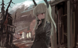 Rule 34 | 1girl, blonde hair, blurry, coat, day, frown, grete m. gollob, hands in pockets, head wings, highres, long hair, military, military uniform, outdoors, red eyes, serious, sky, solo, uniform, wings, world witches series