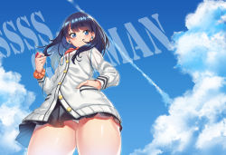 Rule 34 | 1girl, absurdres, bad id, bad perspective, bad pixiv id, bare legs, black hair, black skirt, blue eyes, blue sky, bow, cardigan, closed mouth, cloud, commentary request, contrail, copyright name, day, earbuds, earphones, foreshortening, from below, gridman universe, hair blowing, hand in pocket, highres, holding, holding phone, kabu (niniko2ko), low angle, medium hair, orange scrunchie, panties, pantyshot, phone, red bow, scrunchie, shiny skin, skirt, sky, solo, ssss.gridman, standing, takarada rikka, thighs, underwear, white cardigan, white panties, wrist scrunchie