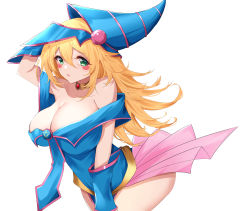 Rule 34 | 1girl, absurdres, arm up, blonde hair, blue dress, blue headwear, blush stickers, breasts, cleavage, dark magician girl, dreamoon, dress, from side, green eyes, hair between eyes, hat, highres, jewelry, large breasts, long hair, looking at viewer, looking to the side, neck ring, off-shoulder dress, off shoulder, parted lips, pentagram, pink trim, short dress, simple background, white background, wizard hat, yu-gi-oh!