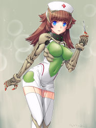Rule 34 | 1girl, blue eyes, blush, breasts, brown hair, covered navel, cyborg, covered erect nipples, hat, highres, joints, large breasts, long hair, looking at viewer, miyama amehiko, nurse, nurse cap, robot joints, skirt, smile, solo, thermometer, thighhighs