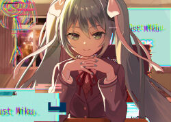 1girl absurdres bow commentary cosplay crossed_fingers elbows_on_table english_text glitch green_eyes green_hair hair_ribbon hands_on_own_chin hatsune_miku highres jacket long_hair looking_at_viewer monika_(doki_doki_literature_club) monika_(doki_doki_literature_club)_(cosplay) red_bow ribbon school_uniform screen sidelocks solo vest vocaloid vs0mr white_ribbon window