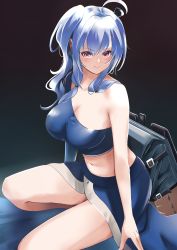 Rule 34 | 1girl, ahoge, azur lane, bad id, bad pixiv id, bag, black background, blue hair, blue shirt, blue skirt, breasts, cleavage, commentary request, crop top, dark background, eyes visible through hair, highres, large breasts, long hair, looking at viewer, manjirou (manji illust), midriff, navel, off shoulder, on one knee, partial commentary, purple eyes, revision, shirt, side ponytail, sidelocks, simple background, single-shoulder shirt, single bare shoulder, single sleeve, skirt, smile, solo, st. louis (azur lane), thighs