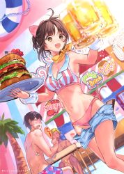 Rule 34 | 1girl, 2boys, :d, ahoge, alcohol, armpits, bare arms, bare shoulders, beer, bikini, bikini day, black hair, blonde hair, bow, breasts, brown eyes, brown hair, burger, cleavage, corn dog, cup, denim, denim shorts, drinking glass, faceless, faceless male, food, hair bow, handkerchief, hanekoto, highres, holding, holding tray, large breasts, looking at viewer, mini flag, multiple boys, navel, open fly, open mouth, original, oversized food, oversized object, pink bikini, pink bow, short hair, short shorts, shorts, side-tie bikini bottom, smile, solo focus, standing, stomach, striped bikini, striped clothes, sweat, swimsuit, thighs, tray, untied bikini, waitress, wing collar, wrist cuffs