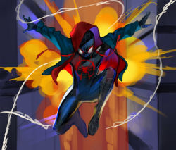 Rule 34 | 1boy, black bodysuit, blue jacket, bodysuit, chyoel, covered face, explosion, full body, highres, hood, hood up, hooded jacket, jacket, jumping, long sleeves, male focus, marvel, miles morales, outstretched arms, solo, spider-man, spider-man: into the spider-verse, spider-man (series), spider-verse, spider web print, spread arms, superhero costume