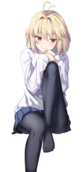 Rule 34 | 1girl, antenna hair, arcueid brunestud, black pantyhose, blonde hair, blue skirt, blush, coma (light825), hair between eyes, hair intakes, hands up, highres, invisible chair, knee up, looking away, miniskirt, no shoes, pantyhose, pleated skirt, red eyes, simple background, sitting, skirt, slit pupils, smile, solo, sweater, tsukihime, white sweater