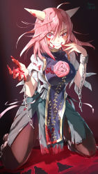 Rule 34 | 1girl, ahoge, artist name, black pantyhose, blood, blood on clothes, blood on face, blood on hands, blood splatter, breasts, chain, commentary request, cuffs, evil grin, evil smile, finger to mouth, fingernails, flower, full body, grin, hair between eyes, hand up, highres, horns, ibaraki douji&#039;s arm, kneeling, large breasts, looking at viewer, medium hair, on ground, oni horns, pantyhose, pink eyes, pink flower, pink hair, puffy short sleeves, puffy sleeves, rose, shackles, shaded face, sharp fingernails, short sleeves, signature, slit pupils, smile, solo, spoilers, spread legs, syuri22, tabard, thighs, touhou, wild and horned hermit