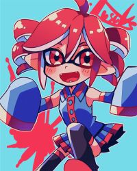 Rule 34 | ahoge, alternate universe, black shirt, black skirt, black sleeves, black thighhighs, blue background, blush, buttons, collared shirt, detached collar, detached sleeves, double-parted bangs, drill hair, fang, feet out of frame, goggles, hair between eyes, kasane teto, looking at viewer, nintendo, octoling, open mouth, pleated skirt, red eyes, red hair, red trim, shirt, signature, skirt, sleeveless, sleeveless shirt, splatoon (series), teeth, thighhighs, tongue, twin drills, utau, very long sleeves, wing collar, yuusuke-kun, zettai ryouiki