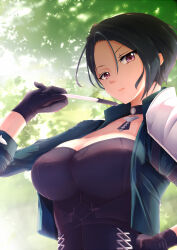 Rule 34 | 1girl, black choker, black gloves, blue hair, bodice, breasts, choker, cleavage, clenched hand, collarbone, commentary request, fire emblem, fire emblem: three houses, gloves, green vest, holding, knife, large breasts, looking at viewer, nintendo, outdoors, purple eyes, shamir nevrand, short hair, sunlight, throwing knife, tree, upper body, vest, weapon, yanmarson