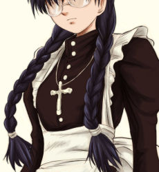 Rule 34 | 00s, 1girl, apron, black hair, black lagoon, braid, cross, glasses, head out of frame, hidden eyes, latin cross, maid, maid apron, roberta (black lagoon), ryp, simple background, solo, twin braids, upper body, white background