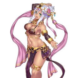 Rule 34 | 1girl, arabian clothes, arm up, bikini, bikini top only, breasts, cleavage, curvy, dancer, dark-skinned female, dark skin, from side, green eyes, hair flaps, harem outfit, headdress, houtengeki, looking at viewer, navel, open mouth, pelvic curtain, simple background, smile, solo, standing, swimsuit, thighlet, transparent background, uchi no hime-sama ga ichiban kawaii, white background, white hair, wide hips