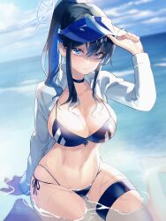 Rule 34 | 1girl, alternate costume, arm support, arm up, barefoot, bikini, black choker, black hair, blue archive, blue bikini, blue eyes, blue hat, blue sky, breasts, choker, cleavage, closed mouth, cloud, collarbone, commentary request, day, front-tie bikini top, front-tie top, hair between eyes, halo, hat, highres, large breasts, long hair, long sleeves, looking at viewer, multi-strapped bikini, navel, no mask, ocean, open clothes, open shirt, outdoors, partially submerged, ponytail, saori (blue archive), shadow, shirt, side-tie bikini bottom, sitting, skindentation, sky, solo, stomach, suyasuya (user tjnw5554), swimsuit, thigh strap, visor cap, wariza, white shirt