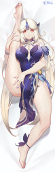 Rule 34 | 1girl, absurdres, bare shoulders, barefoot, blue dress, blush, breasts, cleavage, dress, full body, genshin impact, hair ornament, highres, large breasts, legs, long hair, looking at viewer, ninai, ningguang (genshin impact), ningguang (orchid&#039;s evening gown) (genshin impact), official alternate costume, parted bangs, red eyes, sidelocks, solo, spread legs, tassel, white hair