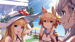 Rule 34 | 3girls, :d, akanagi youto, arm up, azur lane, bare shoulders, belfast (azur lane), blonde hair, blue bow, blue eyes, blue sky, bow, braid, breasts, building, cleavage, cloud, commentary request, day, fang, flower, french braid, hair between eyes, hair ribbon, hairband, hand on headwear, hat, hat bow, hat flower, hibiscus, long hair, looking at another, multiple girls, open mouth, outdoors, pointy hair, portrait, profile, queen elizabeth (azur lane), railing, red flower, red ribbon, ribbon, short hair with long locks, silver hair, sky, small breasts, smile, sun hat, table, tree, upper body, warspite (azur lane), white headwear, yellow flower