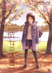 Rule 34 | argyle, argyle clothes, argyle scarf, autumn, autumn leaves, backpack, bag, black thighhighs, brown eyes, brown hair, child, coat, day, english text, full body, goto p, hood, hooded coat, lake, legs apart, original, randoseru, scarf, shoes, skirt, smile, solo, standing, thighhighs, watermark, web address