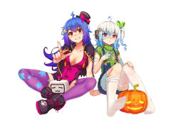 Rule 34 | 2girls, ahoge, bili girl 22, bili girl 33, bilibili, black footwear, blue hair, blush, boots, breasts, cleavage, collarbone, fang, feet, green ribbon, hair ornament, hair ribbon, hat, hat ribbon, highres, index finger raised, jack-o&#039;-lantern, large breasts, long hair, looking at viewer, luode huayuan, multiple girls, nail polish, no shoes, open mouth, orange eyes, overalls, pink eyes, pointing, pointing at viewer, pumpkin, purple legwear, purple nails, purple ribbon, ribbon, short hair, short ponytail, short sleeves, side ponytail, simple background, sitting, smile, soles, teeth, thighhighs, toes, top hat, white background, white legwear