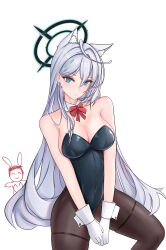 Rule 34 | 1boy, 1girl, absurdres, ahoge, alternate costume, animal ear fluff, animal ears, aqua eyes, doodle sensei (blue archive), bare shoulders, black halo, black leotard, blue archive, bow, bowtie, breasts, brown pantyhose, covered navel, cross hair ornament, detached collar, gloves, grey hair, hair between eyes, hair ornament, halo, highres, imaizumi (user yuwf7555), leotard, long hair, looking at viewer, medium breasts, pantyhose, playboy bunny, red bow, red bowtie, sensei (blue archive), shiroko (blue archive), shiroko terror (blue archive), simple background, smile, white background, white gloves
