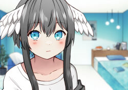Rule 34 | 1girl, bed, black hair, blue eyes, blue hair, blurry, blurry background, blush, closed mouth, collarbone, commentary, depth of field, feathered wings, hair between eyes, head wings, indie virtual youtuber, indoors, kurata rine, kuratarine, long hair, looking at viewer, multicolored hair, pillow, plant, potted plant, shirt, sidelocks, solo, two-tone hair, upper body, virtual youtuber, white shirt, white wings, wings