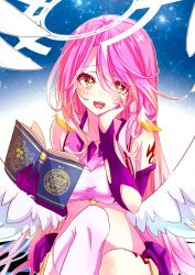 Rule 34 | 1girl, angel, angel wings, blush, book, breasts, commentary request, commission, spiked halo, crop top, cross, feathered wings, gloves, gradient hair, halo, highres, holding, holding book, jibril (no game no life), large breasts, long hair, looking at viewer, low wings, magic circle, midriff, moya 44444, multicolored eyes, multicolored hair, no game no life, open mouth, orange eyes, pink hair, single thighhigh, skeb commission, solo, symbol-shaped pupils, tattoo, teeth, thighhighs, white wings, wing ears, wings, yellow eyes