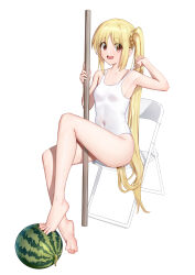 Rule 34 | 1girl, absurdres, barefoot, blonde hair, bocchi the rock!, chair, dorsiflexion, feet, folding chair, food, fruit, highres, ijichi nijika, liwen520, long hair, looking at viewer, one-piece swimsuit, open mouth, pole, red eyes, side ponytail, sitting, soles, swimsuit, toes, watermelon