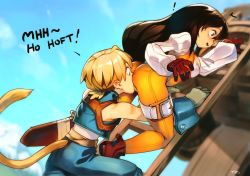Rule 34 | !, 1boy, 1girl, artist name, ass, blonde hair, blue pants, blue sky, bodysuit, brown footwear, brown gloves, brown hair, climbing ladder, cloud, commentary, day, english commentary, english text, face in ass, final fantasy, final fantasy ix, garnet til alexandros xvii, gloves, ladder, long hair, long sleeves, monkey tail, optionaltypo, orange bodysuit, pants, shoes, short hair, sky, surprised, tail, zidane tribal