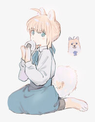 Rule 34 | 1girl, absurdres, ahoge, animal ears, animal feet, animal hands, animalization, artoria pendragon (all), artoria pendragon (fate), black leggings, blonde hair, blue eyes, blue ribbon, blue skirt, blush stickers, collared shirt, commentary request, dog ears, dog girl, dog paws, dog tail, eating, fang, fate/stay night, fate (series), food, from side, full body, grey background, hair bun, highres, holding, holding food, kemonomimi mode, leggings, long sleeves, looking at viewer, looking to the side, multiple views, neck ribbon, onigiri, ribbon, saber (fate), shiba inu, shirt, shirt tucked in, short hair, sidelocks, simple background, single blush sticker, single hair bun, sitting, skin fang, skirt, solo, tail, thick eyebrows, v-shaped eyebrows, wariza, white shirt, zumu (quw87)