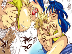 Rule 34 | 1990s (style), 1boy, 1girl, blonde hair, blue hair, breast sucking, breasts, clothed sex, cloud strife, final fantasy, final fantasy vii, groping, hamaguri koutarou, hetero, kiss, large breasts, long hair, nipples, pollensalta, retro artstyle, sex, short hair, spiked hair, straddling, sweat, text focus, uncensored, upright straddle, vaginal