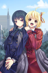 Rule 34 | 2girls, :d, black hair, blonde hair, blue dress, blue sky, bow, building, cloud, commentary request, day, dress, green bow, grey dress, hair ribbon, hands on another&#039;s shoulders, highres, inoue takina, long hair, long sleeves, looking at viewer, lycoris recoil, lycoris uniform, multiple girls, nishikigi chisato, open mouth, outdoors, pleated dress, purple eyes, red dress, red eyes, red ribbon, ribbon, sky, smile, steepled fingers, tower, two-tone dress, very long hair, yumibakama meme