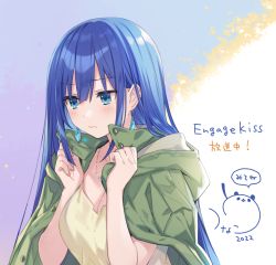 Rule 34 | 1girl, blue eyes, blue hair, blush, borrowed clothes, breasts, cleavage, copyright name, dated, earrings, engage kiss, green jacket, highres, jacket, jacket on shoulders, jewelry, long hair, looking to the side, making-of available, necklace, official art, signature, solo, tsunako, upper body, yuugiri ayano