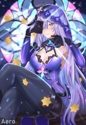 Rule 34 | 1girl, absurdres, aeroic83, black gloves, black swan (honkai: star rail), breasts, cleavage, commentary, dress, feet out of frame, gloves, hand up, highres, honkai: star rail, honkai (series), large breasts, long hair, looking at viewer, purple dress, purple eyes, purple hair, sitting, sleeveless, sleeveless dress, smile, solo, veil, very long hair