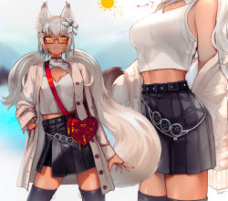 Rule 34 | 1girl, animal ears, bag, bare shoulders, belt, black belt, black skirt, black thighhighs, blurry, blurry background, breasts, buttons, choker, cleavage cutout, clothing cutout, coat, commentary, ehrrr, english commentary, flower, fox ears, fox girl, fox tail, glasses, hair between eyes, hair flower, hair ornament, head out of frame, heart-shaped bag, highres, hot, jewelry, long hair, looking at viewer, low twintails, medium breasts, midriff, multiple views, nail polish, orange eyes, original, parted lips, pleated skirt, red-framed eyewear, red nails, ring, semi-rimless eyewear, shirt, shoulder bag, skirt, sleeveless, sleeveless shirt, smile, sweat, tail, thighhighs, twintails, twitter username, under-rim eyewear, undressing, white coat, white hair, white shirt, x hair ornament