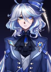 Rule 34 | 1girl, absurdres, ahoge, ascot, black ascot, black background, blue hair, blue hat, blue jacket, brooch, commentary, furina (genshin impact), genshin impact, hair between eyes, hair intakes, hat, highres, jacket, jewelry, long hair, long sleeves, looking at viewer, multicolored hair, open clothes, open jacket, shirt, simple background, solo, streaked hair, top hat, tractorbelarus228, upper body, very long hair, white hair, white shirt