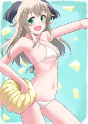 Rule 34 | 1girl, absurdres, bikini, blonde hair, blush, breasts, cleavage, green eyes, highres, hiroshi (hunter-of-kct), long hair, looking at viewer, luminous witches, navel, open mouth, pom pom (cheerleading), small breasts, smile, solo, swimsuit, virginia robertson, white bikini, wing ears, world witches series