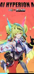 Rule 34 | 1girl, black gloves, blue necktie, breasts, chakram, character name, collaboration, copyright name, cosplay, galo thymos, galo thymos (cosplay), gloves, green hair, highres, holding, holding weapon, honkai (series), honkai impact 3rd, large breasts, logo, long hair, looking at viewer, necktie, official art, official wallpaper, one eye closed, open mouth, pants, promare, red pants, solo, twintails, upper body, weapon, white sleeves, zoom layer