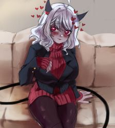 Rule 34 | 1girl, black jacket, black nails, blush, breasts, brown pantyhose, bursting breasts, closed mouth, couch, demon girl, demon horns, demon tail, dress, fingernails, hand up, heart, heart-shaped pupils, helltaker, highres, horns, jacket, large breasts, long sleeves, looking at viewer, medium hair, modeus (helltaker), nail polish, pantyhose, red eyes, red sweater, ribbed sweater, rye (hyn uka), sharp fingernails, sitting, sleeves past wrists, smile, solo, sweater, sweater dress, symbol-shaped pupils, tail, white hair