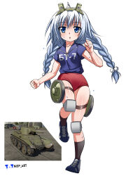 Rule 34 | 1girl, absurdres, ahoge, bloomers, blue eyes, blue shirt, braid, bt-7, buruma, clothes writing, headgear, highres, knee pads, low twintails, military vehicle, motor vehicle, nisp art, personification, red bloomers, running, russian text, shirt, soviet army, tank, thigh strap, twintails, war thunder, watermark, wheel, white hair