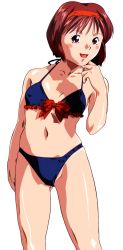 Rule 34 | 1990s (style), 1girl, bikini, blue bikini, blush stickers, brown eyes, brown hair, feet out of frame, hairband, highres, kayama tamami, looking at viewer, navel, official art, open mouth, retro artstyle, short hair, simple background, solo, super real mahjong, swimsuit, tanaka ryou, white background