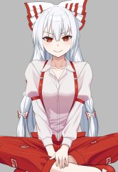 Rule 34 | 1girl, bow, closed mouth, eyebrows hidden by hair, fujiwara no mokou, grey background, hair bow, highres, indian style, juliet sleeves, long hair, long sleeves, looking at viewer, multiple bows, palenitre, pants, puffy sleeves, red eyes, red footwear, red pants, shirt, silver hair, simple background, sitting, solo, suspenders, touhou, v-shaped eyebrows, white shirt