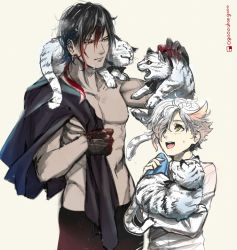 Rule 34 | 10s, 2boys, age difference, alternate costume, animal, animal on shoulder, black gloves, black hair, carrying, child, dark skin, gloves, gokotai, gokotai&#039;s tigers, gradient hair, hair over one eye, height difference, looking at another, male focus, multicolored hair, multiple boys, ookurikara, open mouth, personification, red hair, topless male, simple background, size difference, smile, tiger, touken ranbu, uosuko, upper body, wavy hair, wet, white hair, yellow eyes