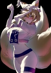 Rule 34 | 1girl, absurdres, adapted costume, black background, blonde hair, blush, clenched hand, closed mouth, commentary, covered navel, crop top, enmimontoria, fox tail, hand in own hair, hat, highres, kitsune, looking at viewer, mob cap, multiple tails, shirt, short hair, short sleeves, shorts, simple background, solo, tabard, tail, touhou, white hat, white shirt, white shorts, yakumo ran, yellow eyes