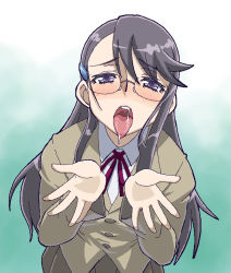 Rule 34 | 10s, 1girl, blush, face, female focus, glasses, gradient background, haganemaru kennosuke, heartcatch precure!, long hair, looking at viewer, open mouth, oral invitation, precure, saliva, school uniform, solo, tongue, tongue out, tsukikage yuri, uvula