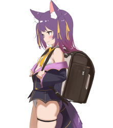 Rule 34 | .live, 1girl, animal ears, backpack, bag, breasts, from side, hair ribbon, highres, purple hair, randoseru, ribbon, rurun rururica, skindentation, small breasts, smile, solo, tail, tama (tamago), two side up, virtual youtuber, wolf ears, wolf girl, wolf tail
