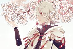Rule 34 | 1boy, 1other, appleurchin, cherry blossoms, detached arm, earrings, hair between eyes, hair tubes, jewelry, male focus, outdoors, red eyes, seikaisuru kado, short hair with long locks, simple background, solo, upper body, white background, white hair, yaha-kui zashunina